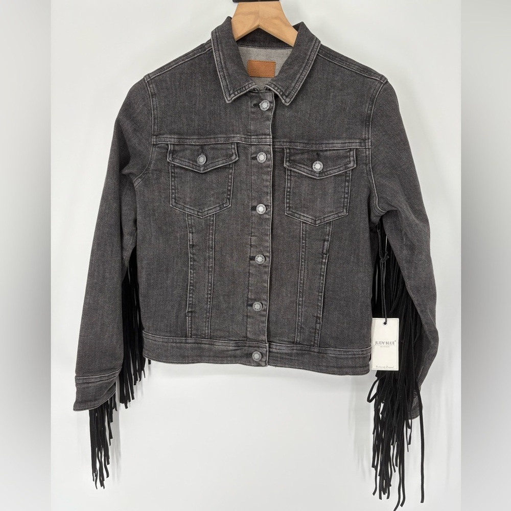 Judy Blue Black Gray Fringe Denim Jacket - Picture 5 of 11